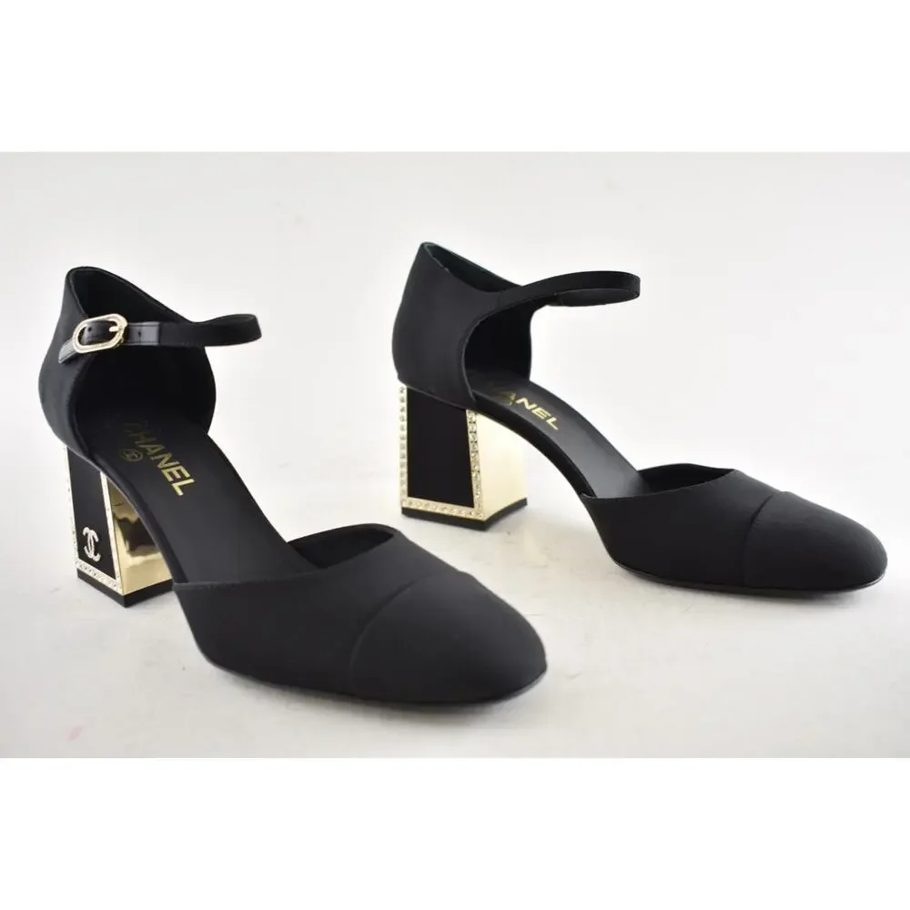 Chanel 24B Black Crystal CC Logo Gold Mary Jane Ankle Strap Block Heel Pumps 40 - Picture 3 of 16